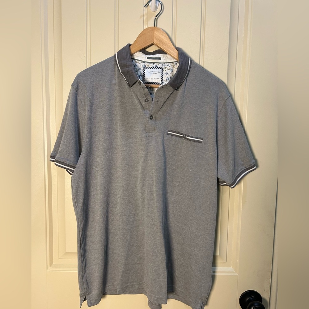 Denim & Flower Men’s Grey Polo‎ with Contrast Collar, Short Sleeve Summer XL